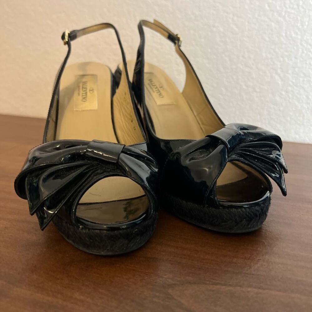 Valentino Black Patent Leather Mena Espadrille Wedge Slingback Sandal Size 5.5 - Picture 7 of 8